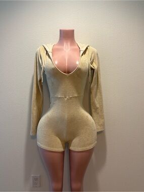 Plush Hooded Romper in Light Beige